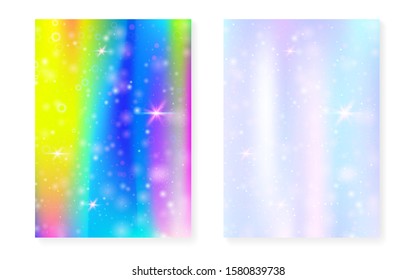 Rainbow background with kawaii princess gradient. Magic unicorn hologram. Holographic fairy set. Vibrant fantasy cover. Rainbow background with sparkles and stars for cute girl party invitation.