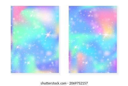 Rainbow background with kawaii princess gradient. Magic unicorn hologram. Holographic fairy set. Multicolor fantasy cover. Rainbow background with sparkles and stars for cute girl party invitation.
