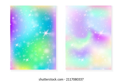 Rainbow background with kawaii princess gradient. Magic unicorn hologram. Holographic fairy set. Stylish fantasy cover. Rainbow background with sparkles and stars for cute girl party invitation.