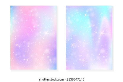 Rainbow background with kawaii princess gradient. Magic unicorn hologram. Holographic fairy set. Trendy fantasy cover. Rainbow background with sparkles and stars for cute girl party invitation.