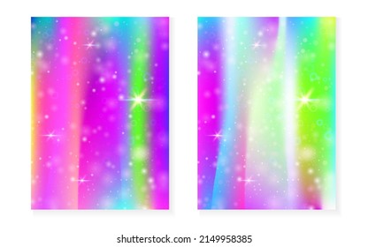 Fondo arcoiris con gradiente de princesa kawaii. Holograma mágico de unicornio. Juego de hadas holográficas. Cubierta de fantasía del espectro. Fondo del arcoiris con brillo y estrellas para una linda invitación a una fiesta de chicas.