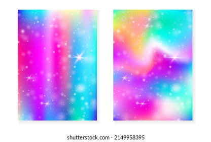 Rainbow background with kawaii princess gradient. Magic unicorn hologram. Holographic fairy set. Vibrant fantasy cover. Rainbow background with sparkles and stars for cute girl party invitation.