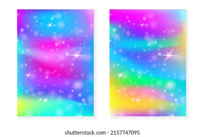 Rainbow background with kawaii princess gradient. Magic unicorn hologram. Holographic fairy set. Colorful fantasy cover. Rainbow background with sparkles and stars for cute girl party invitation.