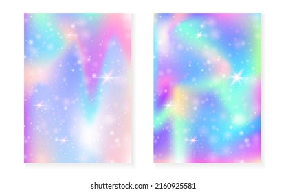 Rainbow background with kawaii princess gradient. Magic unicorn hologram. Holographic fairy set. Stylish fantasy cover. Rainbow background with sparkles and stars for cute girl party invitation.