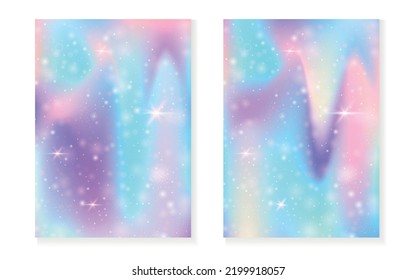 Fondo arcoiris con gradiente de princesa kawaii. Holograma mágico de unicornio. Juego de hadas holográficas. Cubierta mística de fantasía. Fondo del arcoiris con brillo y estrellas para una linda invitación a una fiesta de chicas.
