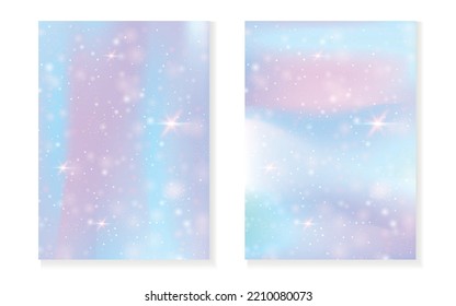 Fondo arcoiris con gradiente de princesa kawaii. Holograma mágico de unicornio. Juego de hadas holográficas. Vibrante cubierta de fantasía. Fondo del arcoiris con brillo y estrellas para una linda invitación a una fiesta de chicas.