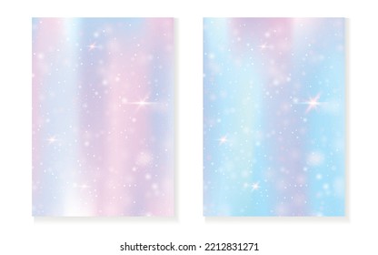 Regenbogen-Hintergrund mit kawaii-Prinzessin-Farbverlauf. Magisches Einhornhologramm. Holografisches Märchenset. Kreatives Fantasy-Cover. Rainbow Hintergrund mit Funkeln und Sternen für eine süße Girl-Party-Einladung.