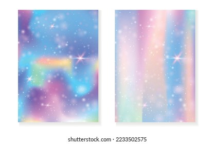 Fondo arcoiris con gradiente de princesa kawaii. Holograma mágico de unicornio. Juego de hadas holográficas. Cubierta creativa de fantasía. Fondo del arcoiris con brillo y estrellas para una linda invitación a una fiesta de chicas.
