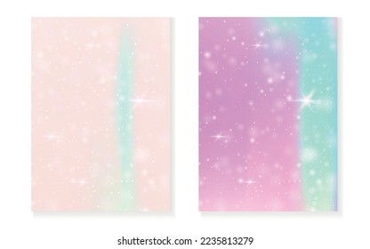 Regenbogen-Hintergrund mit kawaii-Prinzessin-Farbverlauf. Magisches Einhornhologramm. Holografisches Märchenset. Fantasy-Cover in mehreren Farben. Rainbow Hintergrund mit Funkeln und Sternen für eine süße Girl-Party-Einladung.
