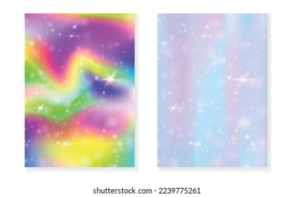 Regenbogen-Hintergrund mit kawaii-Prinzessin-Farbverlauf. Magisches Einhornhologramm. Holografisches Märchenset. Stilvolles Fantasy-Cover. Rainbow Hintergrund mit Funkeln und Sternen für eine süße Girl-Party-Einladung.