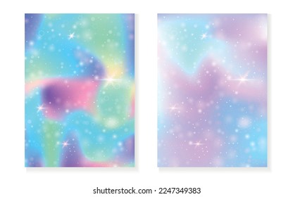 Rainbow background with kawaii princess gradient. Magic unicorn hologram. Holographic fairy set. Vibrant fantasy cover. Rainbow background with sparkles and stars for cute girl party invitation.