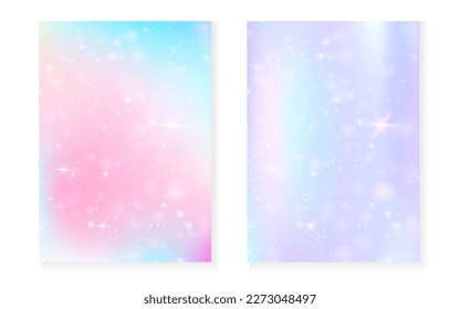 Rainbow background with kawaii princess gradient. Magic unicorn hologram. Holographic fairy set. Colorful fantasy cover. Rainbow background with sparkles and stars for cute girl party invitation.