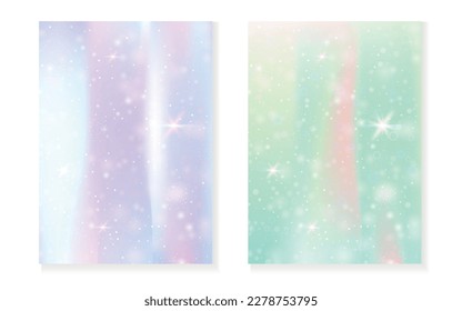 Fondo arcoiris con gradiente de princesa kawaii. Holograma mágico de unicornio. Juego de hadas holográficas. Brillante cubierta de fantasía. Fondo del arcoiris con brillo y estrellas para una linda invitación a una fiesta de chicas.