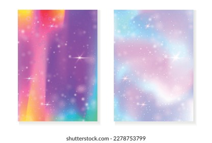 Rainbow background with kawaii princess gradient. Magic unicorn hologram. Holographic fairy set. Spectrum fantasy cover. Rainbow background with sparkles and stars for cute girl party invitation.