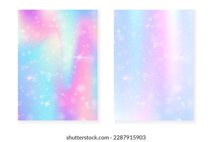 Rainbow background with kawaii princess gradient. Magic unicorn hologram. Holographic fairy set. Creative fantasy cover. Rainbow background with sparkles and stars for cute girl party invitation.