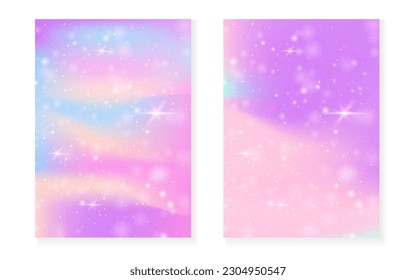 Rainbow background with kawaii princess gradient. Magic unicorn hologram. Holographic fairy set. Colorful fantasy cover. Rainbow background with sparkles and stars for cute girl party invitation.
