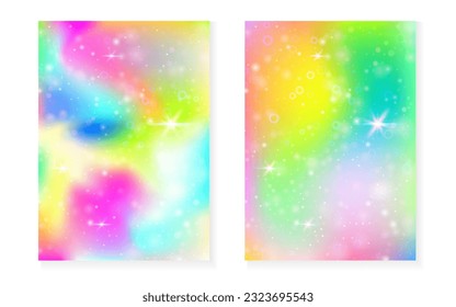 Rainbow background with kawaii princess gradient. Magic unicorn hologram. Holographic fairy set. Fluorescent fantasy cover. Rainbow background with sparkles and stars for cute girl party invitation.