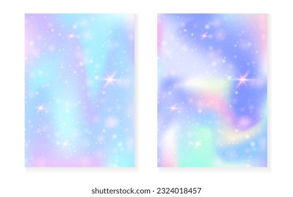 Rainbow background with kawaii princess gradient. Magic unicorn hologram. Holographic fairy set. Spectrum fantasy cover. Rainbow background with sparkles and stars for cute girl party invitation.