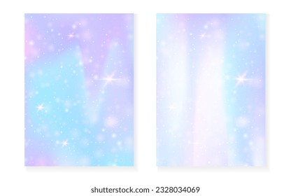 Rainbow background with kawaii princess gradient. Magic unicorn hologram. Holographic fairy set. Colorful fantasy cover. Rainbow background with sparkles and stars for cute girl party invitation.