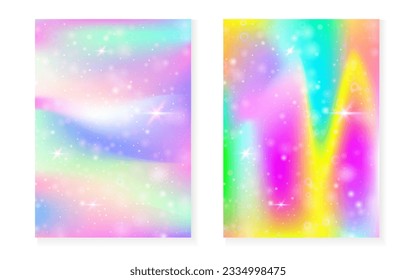Rainbow background with kawaii princess gradient. Magic unicorn hologram. Holographic fairy set. Multicolor fantasy cover. Rainbow background with sparkles and stars for cute girl party invitation.