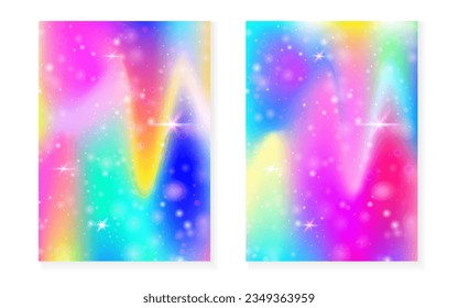 Rainbow background with kawaii princess gradient. Magic unicorn hologram. Holographic fairy set. Colorful fantasy cover. Rainbow background with sparkles and stars for cute girl party invitation.