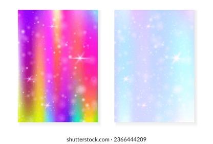 Rainbow background with kawaii princess gradient. Magic unicorn hologram. Holographic fairy set. Multicolor fantasy cover. Rainbow background with sparkles and stars for cute girl party invitation. - Shutterstock ID 2366444209