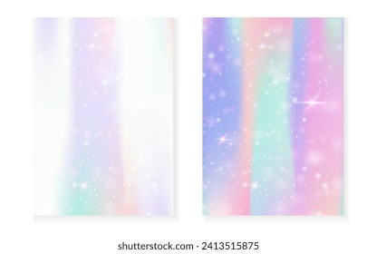 Rainbow background with kawaii princess gradient. Magic unicorn hologram. Holographic fairy set. Trendy fantasy cover. Rainbow background with sparkles and stars for cute girl party invitation.