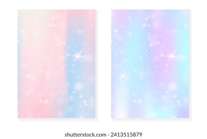 Rainbow background with kawaii princess gradient. Magic unicorn hologram. Holographic fairy set. Fluorescent fantasy cover. Rainbow background with sparkles and stars for cute girl party invitation.
