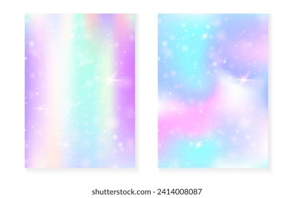 Rainbow background with kawaii princess gradient. Magic unicorn hologram. Holographic fairy set. Trendy fantasy cover. Rainbow background with sparkles and stars for cute girl party invitation.