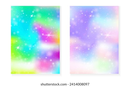 Rainbow background with kawaii princess gradient. Magic unicorn hologram. Holographic fairy set. Trendy fantasy cover. Rainbow background with sparkles and stars for cute girl party invitation.