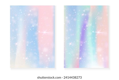Rainbow background with kawaii princess gradient. Magic unicorn hologram. Holographic fairy set. Creative fantasy cover. Rainbow background with sparkles and stars for cute girl party invitation.