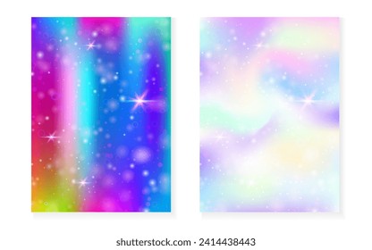 Fondo arcoiris con gradiente de princesa kawaii. Holograma mágico de unicornio. Juego de hadas holográficas. Portada de fantasía de moda. Fondo del arcoiris con brillo y estrellas para una linda invitación a una fiesta de chicas.