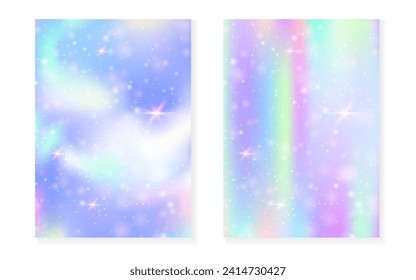 Fondo arcoiris con gradiente de princesa kawaii. Holograma mágico de unicornio. Juego de hadas holográficas. Cubierta mística de fantasía. Fondo del arcoiris con brillo y estrellas para una linda invitación a una fiesta de chicas.
