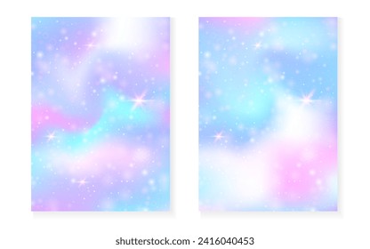 Rainbow background with kawaii princess gradient. Magic unicorn hologram. Holographic fairy set. Vibrant fantasy cover. Rainbow background with sparkles and stars for cute girl party invitation.