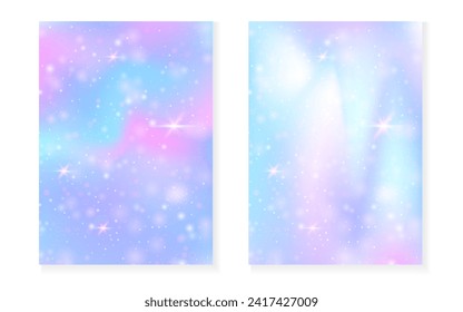 Rainbow background with kawaii princess gradient. Magic unicorn hologram. Holographic fairy set. Multicolor fantasy cover. Rainbow background with sparkles and stars for cute girl party invitation.