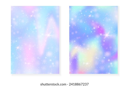 Rainbow background with kawaii princess gradient. Magic unicorn hologram. Holographic fairy set. Mystical fantasy cover. Rainbow background with sparkles and stars for cute girl party invitation.
