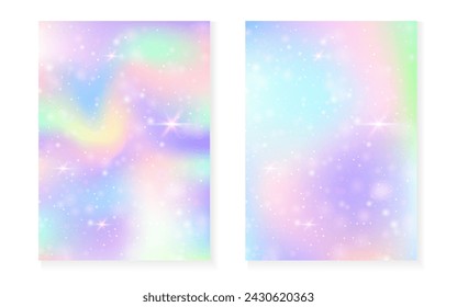 Rainbow background with kawaii princess gradient. Magic unicorn hologram. Holographic fairy set. Bright fantasy cover. Rainbow background with sparkles and stars for cute girl party invitation.