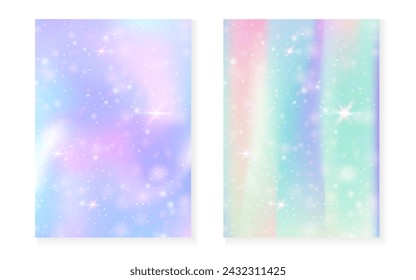 Fondo de arco iris con degradado de princesa kawaii. Holograma mágico de unicornio. Juego de hadas holográficas. Elegante portada de fantasía. Fondo del arco iris con destellos y estrellas para la invitación linda de la fiesta de la muchacha.