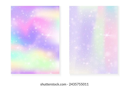 Rainbow background with kawaii princess gradient. Magic unicorn hologram. Holographic fairy set. Bright fantasy cover. Rainbow background with sparkles and stars for cute girl party invitation.