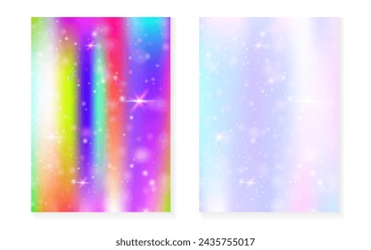 Rainbow background with kawaii princess gradient. Magic unicorn hologram. Holographic fairy set. Stylish fantasy cover. Rainbow background with sparkles and stars for cute girl party invitation.
