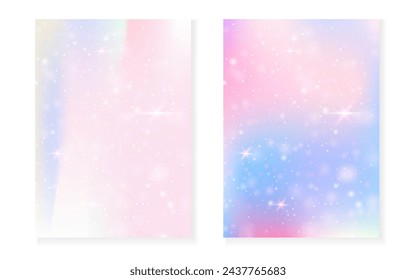 Rainbow background with kawaii princess gradient. Magic unicorn hologram. Holographic fairy set. Mystical fantasy cover. Rainbow background with sparkles and stars for cute girl party invitation.