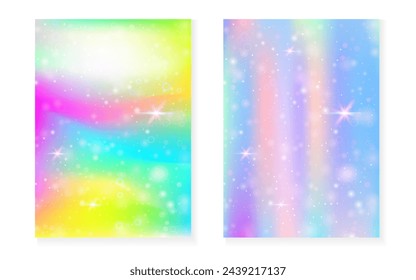 Rainbow background with kawaii princess gradient. Magic unicorn hologram. Holographic fairy set. Multicolor fantasy cover. Rainbow background with sparkles and stars for cute girl party invitation.
