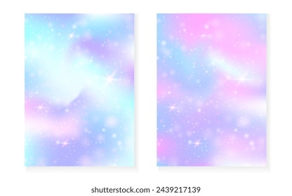 Rainbow background with kawaii princess gradient. Magic unicorn hologram. Holographic fairy set. Trendy fantasy cover. Rainbow background with sparkles and stars for cute girl party invitation.