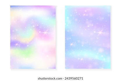 Rainbow background with kawaii princess gradient. Magic unicorn hologram. Holographic fairy set. Vibrant fantasy cover. Rainbow background with sparkles and stars for cute girl party invitation.