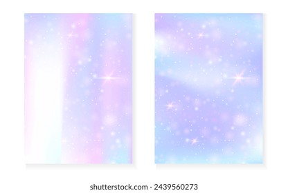 Rainbow background with kawaii princess gradient. Magic unicorn hologram. Holographic fairy set. Stylish fantasy cover. Rainbow background with sparkles and stars for cute girl party invitation.