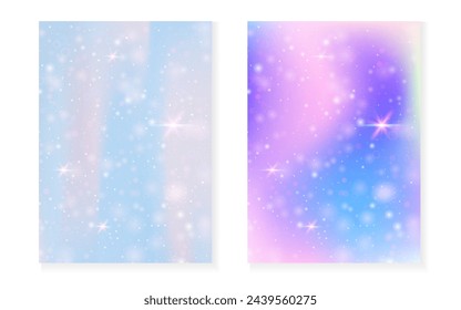 Rainbow background with kawaii princess gradient. Magic unicorn hologram. Holographic fairy set. Stylish fantasy cover. Rainbow background with sparkles and stars for cute girl party invitation.