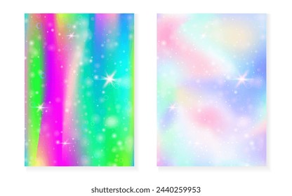 Fondo de arco iris con degradado de princesa kawaii. Holograma mágico de unicornio. Juego de hadas holográficas. Cubierta de fantasía fluorescente. Fondo del arco iris con destellos y estrellas para la invitación linda de la fiesta de la muchacha.