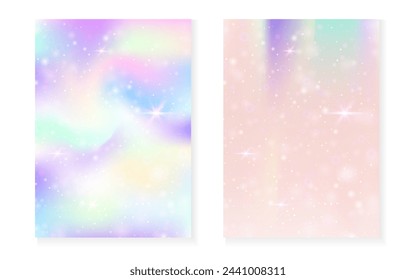 Rainbow background with kawaii princess gradient. Magic unicorn hologram. Holographic fairy set. Fluorescent fantasy cover. Rainbow background with sparkles and stars for cute girl party invitation.