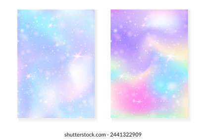 Rainbow background with kawaii princess gradient. Magic unicorn hologram. Holographic fairy set. Mystical fantasy cover. Rainbow background with sparkles and stars for cute girl party invitation.