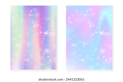 Fondo de arco iris con degradado de princesa kawaii. Holograma mágico de unicornio. Juego de hadas holográficas. Vibrante portada de fantasía. Fondo del arco iris con destellos y estrellas para la invitación linda de la fiesta de la muchacha.